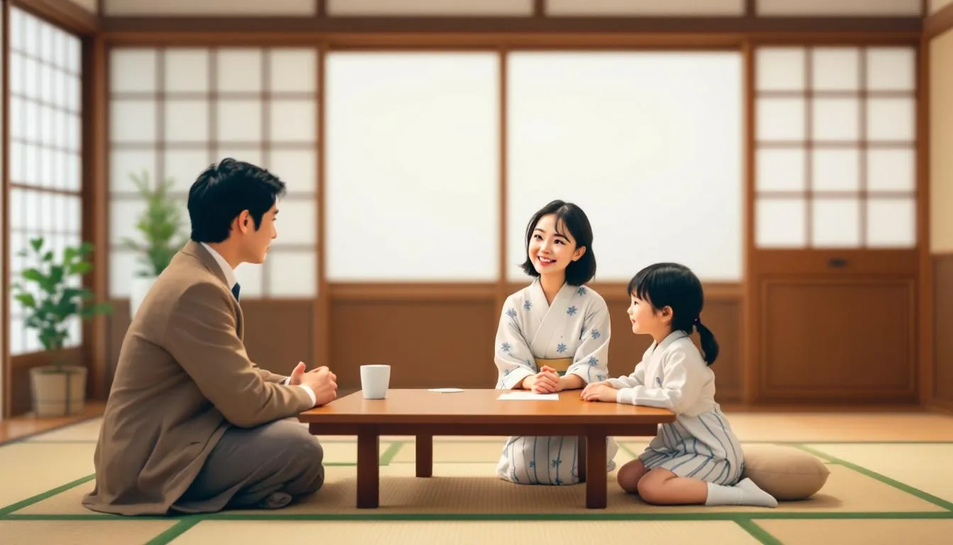 The image depicts a Japanese family engaged in a lively conversation, utilizing polite language forms and basic Japanese phrases to express their thoughts and feelings. Their interaction reflects Japanese culture, emphasizing respect and the importance of using proper vocabulary in everyday communication.