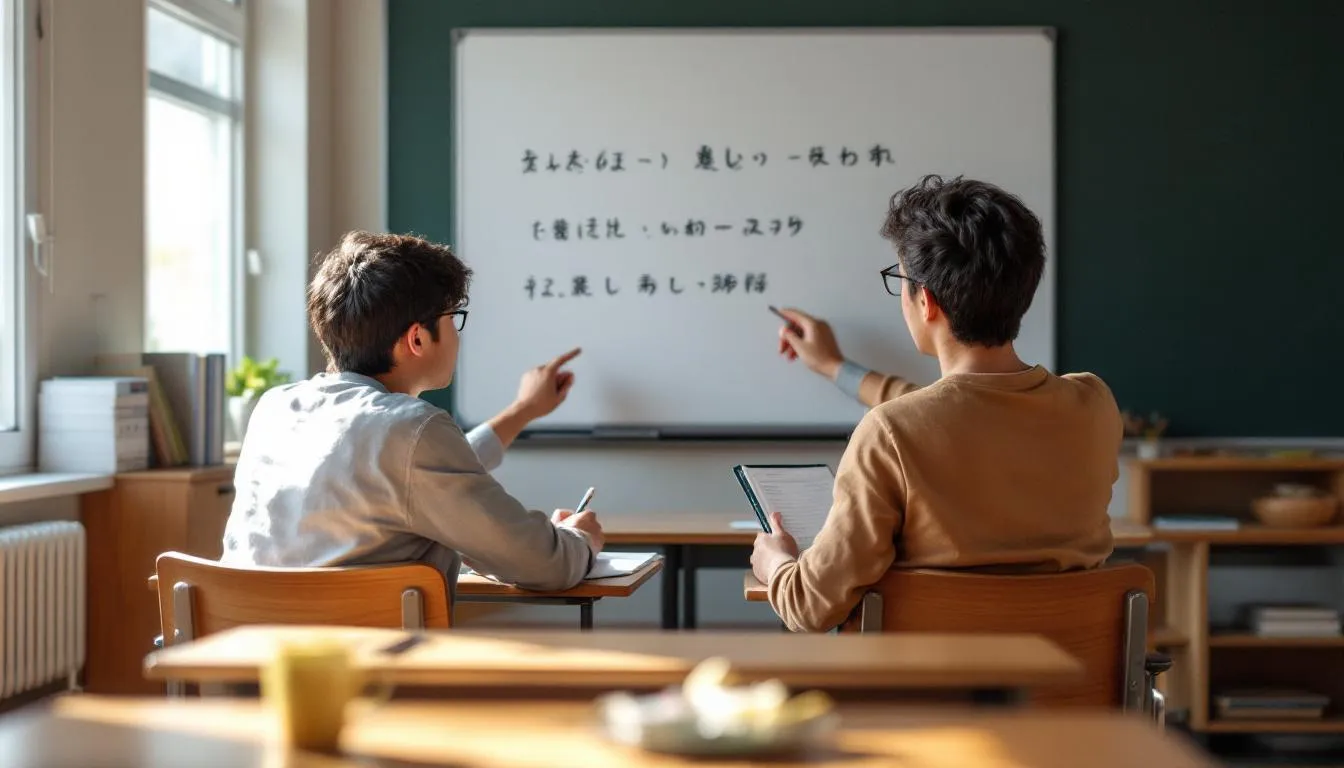 A student is practicing Japanese sentence patterns with a native Japanese speaker tutor in a classroom setting, focusing on basic Japanese phrases and vocabulary. The atmosphere is engaging, as they work together to improve pronunciation and grammar skills essential for learning Japanese.